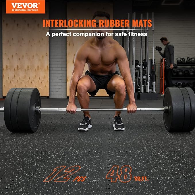 VEVOR 0.56Inch 48sq.ft 12 Tiles Gym Flooring for Home Gym, Rubber Top with High Density EVA Foam, 25 x 25In Gym Floor Exercise Equipment Mats, Interlocking Gym Mats, Puzzle Workout Mats, Black & Gray