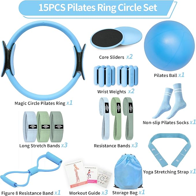 Pilates Essentials Kit for Home Women, Pilates Equipment for Workouts, 6 Fabric Resistance Bands, 12 Inch Magic Circle Yoga Ring, Mini Exercise Ball, Great Exercise Accessories