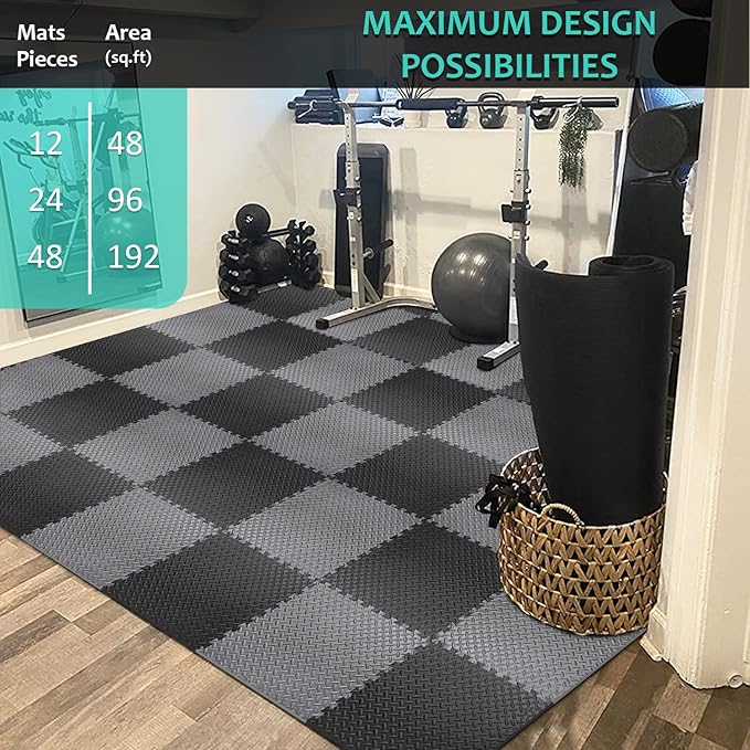 BEAUTYOVO Puzzle Exercise Mat with 12/24/48 Tiles Interlocking Foam Gym Mats, 24'' x 24'' EVA Foam Floor Tiles, Protective Flooring Mats for Gym Equipment