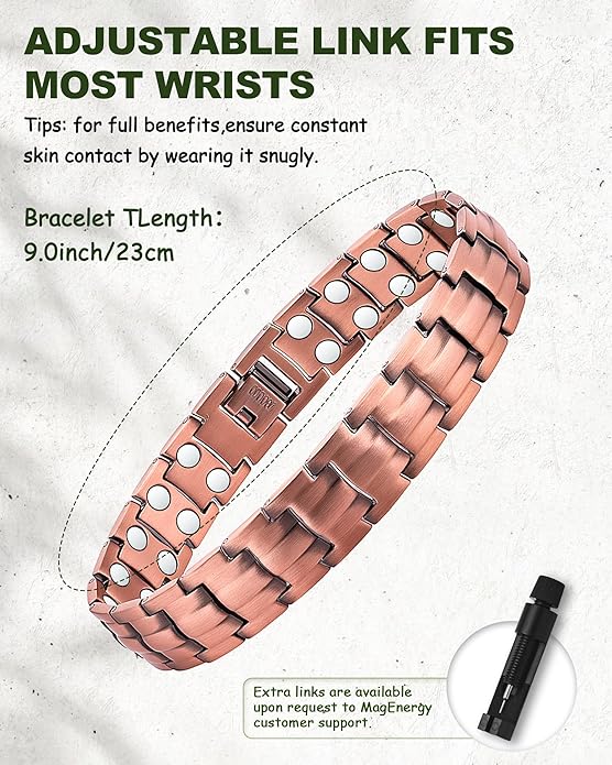 MagEnergy Mens Copper Magnetic Bracelets, 99.9% Pure Copper Bracelet with Double-Row Strength Magnets, Adjustable Jewelry with Sizing Tool