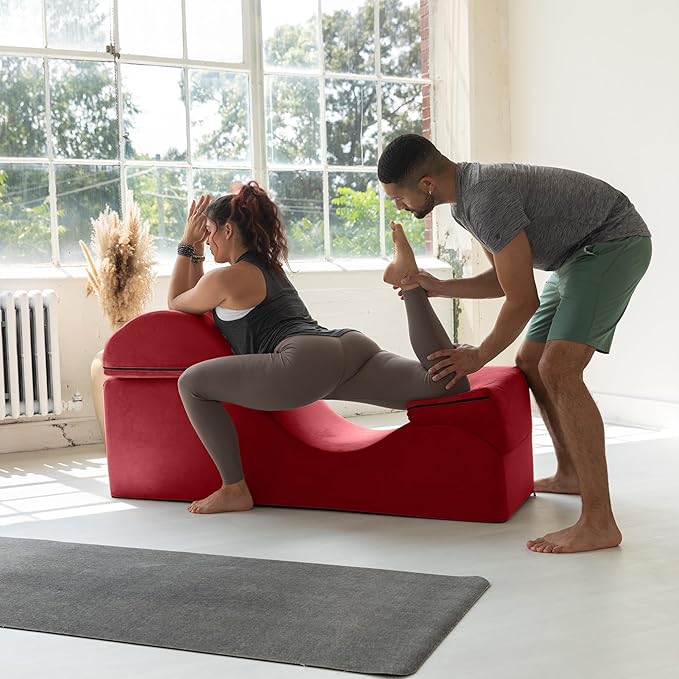 Avana Kami Convertible Chaise/Bed Bench for Yoga & Massage - 2-in-1 End of Bed Ottoman with Concealed Fold Out Yoga Lounge Chair, Microvelvet Red