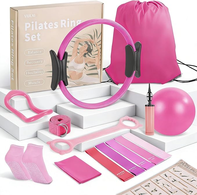 Pilates Essentials Kit-Home Pilates kit for Women with Pilates Ring and Ball,5 Resistance Bands for Beginners-Train Muscles, Flexibility & Core Strength