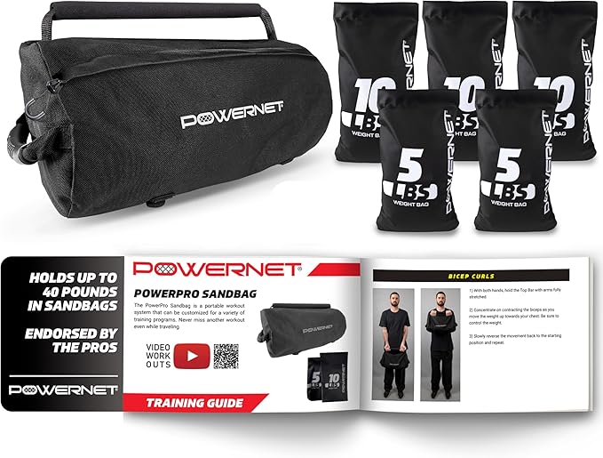 PowerNet PowerPro Sandbag, Holds Up to 40 Pounds in Sandbags, Heavy-Duty Workout Equipment for Strength Training and Fitness, Home Gym Exercise Equipment, Workout Guide Included