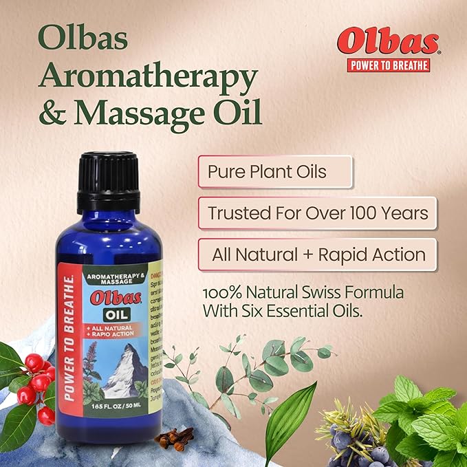 Olbas Massage and Aromatherapy Oil, 1.65 Fl Oz,body massage oil, Swiss Herbal Remedies with Pure Essential massage oils for muscle relaxing and soothing comfort for pain relief.