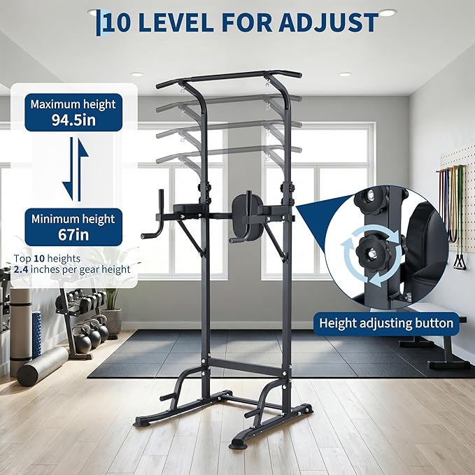 Multifunction Pull Up Bar Dip Station for Home Gym, Adjustable Height Power Tower, 880LBS Capacity Strength Training Equipment for Full Body Workout, Indoor Fitness Chin Up Bar for Men Women
