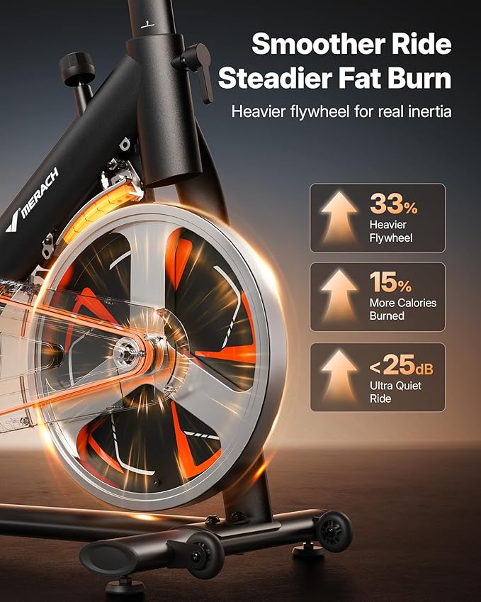 Merach Magnetic Exercise Bike, Low Noise Stationary Bike for Home with Comfortable Seat Cushion, Spinning Bike with 330 lb Weight Capacity, Exclusive App, Tablet Mount and Fitness Courses