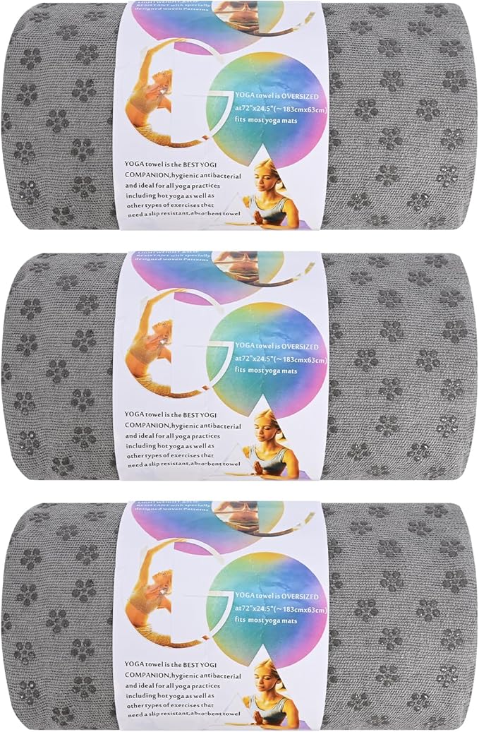 3 Pack Hot Yoga Towels with Plum Blossom Dots, Dark Grey Non-Slip Yoga Mat Towel, Super-Absorbent Soft Suede Microfiber Towel for Hot Yoga, Pilates, Bikram and Exercise Workout(24" x72",Dark Grey)