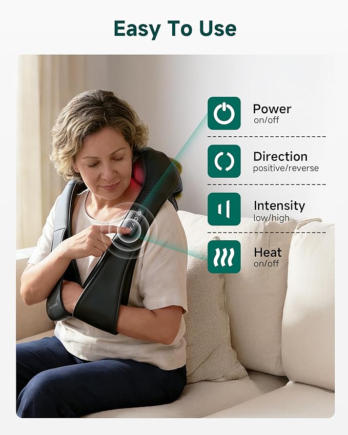 Snailax Shiatsu Neck and Shoulder Massager - Back Massager with Heat, Deep Kneading Electric Massage Pillow for Neck, Back, Shoulder,Foot,Body