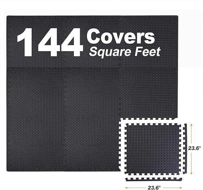 Mat Block APM36001BK-1 Torin Interlocking Foam Exercise Floor Mats: 144 SQ FT, 1/2 inch, 36 Tiles, EVA Gym Mat Flooring, Exercise Equipment Mat for Home Gym Equipment, Black