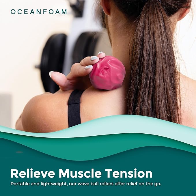 Oceanfoam Wave Massage Ball Roller – Textured Lacrosse Ball, Plantar Fasciitis Relief, Muscle Knot Therapy, Myofascial Release, Feet Pain – Travel Size (Black Marbled, Miami Blue, Hot Pink) Pack of 3