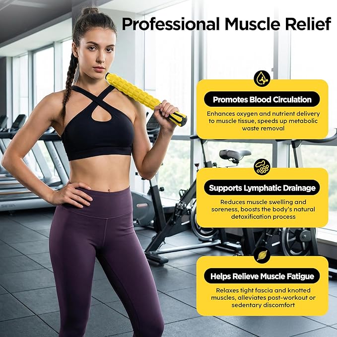 Muscle Roller & Massage Roller Stick for Athletes - Lymphatic Drainage Support, Relieves Muscle Soreness, Cramping & Tightness - Targets Legs, Arms, Back & Calves （Yellow）