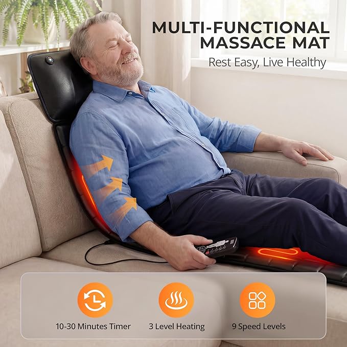 Shiatsu Full Body Massage Mat with Heat, Detachable Massager Pad, 10 Vibrating Motors, 9 Intensity Levels, Deep Tissue Pain Relief for Back, Neck & Legs – Relaxation at Home or Office