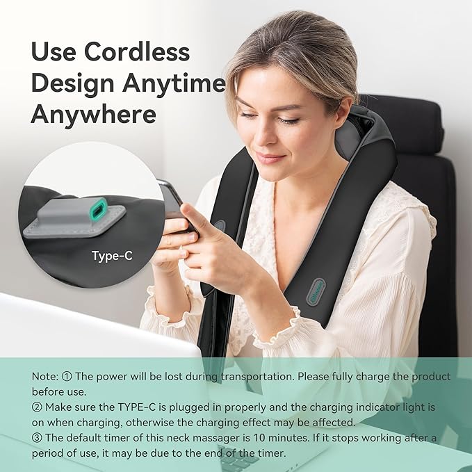 Snailax Cordless Neck Massager with Heat for Pain Relief Deep Tissue, 4D Kneading, Mothers Day Gifts, Rechargeable Shiatsu Back Neck Massager for Neck, Shoulders Back