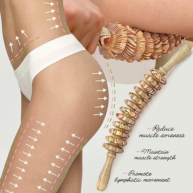 Wooden Curved Handheld Roller Massager Stick- 12 Rollers Wood Therapy Tool for Trigger Point, Fascia & Cellulite Reduction, Lymphatic Drainage, Muscle Tension Relief & Body Shaping (Wood Grain)