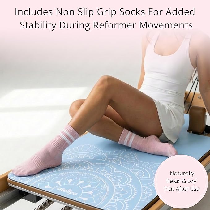 Pilates Reformer Mat Non Slip – Washable Reformer Mat Cover with Grip Socks & Mesh Bag, Sweat Absorbing Pilates Reformer Towel for Studio & Home Use