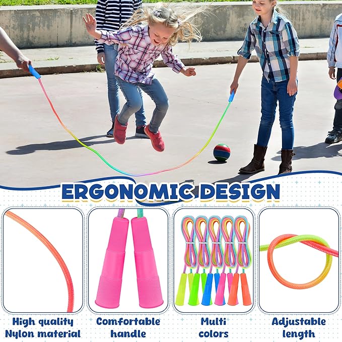 12 Pack Kids Jump Rope, Colorful Gradient Nylon Skipping Ropes for Children, 7.55FT Adjustable Length, Plastic Handles, Lightweight Skipping Ropes for Schools, Parties, and Outdoor Play