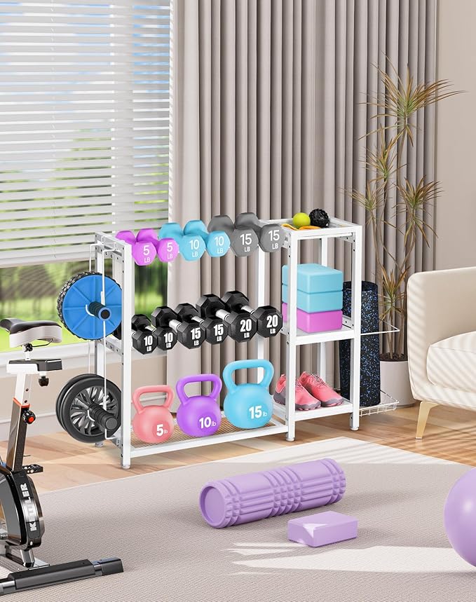 3-Tier Dumbbell Rack Stand Only - Adjustable Weight Rack for Home Gym, Heavy-Duty Weight Stand for Dumbbells Kettlebells Foam Roller Yoga Mats, Workout Equipment Storage Organizer With Hooks