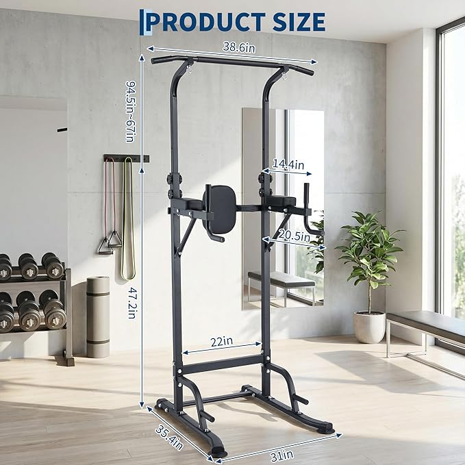 Multifunction Pull Up Bar Dip Station for Home Gym, Adjustable Height Power Tower, 880LBS Capacity Strength Training Equipment for Full Body Workout, Indoor Fitness Chin Up Bar for Men Women