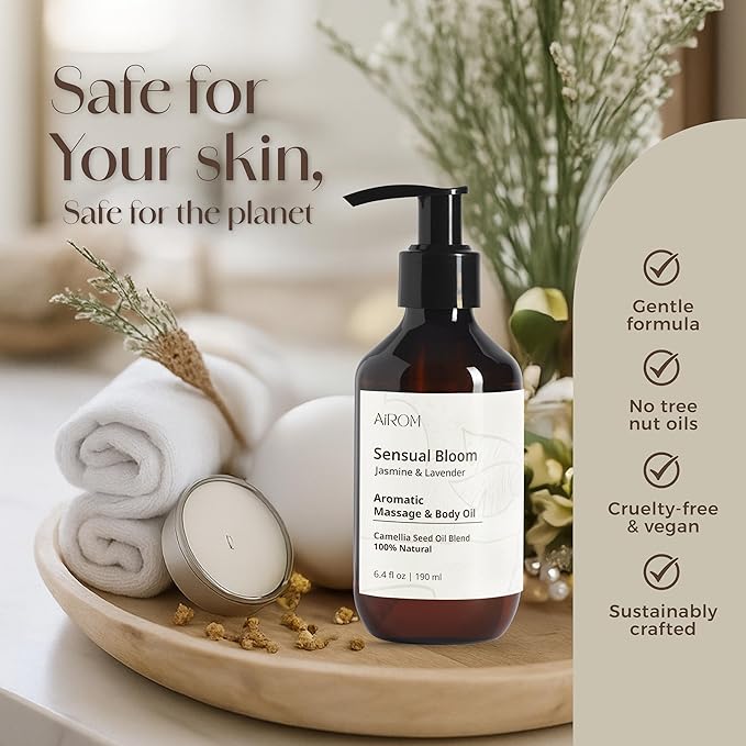 AiROM Jasmine & Lavender Massage Oil for Massage Therapy - Sensual Bloom - Scented Body Oil for Women – Hypoallergenic, Relaxing Aromatherapy, Non-Greasy, Spa Quality - Gift for Her - 6.4 fl oz