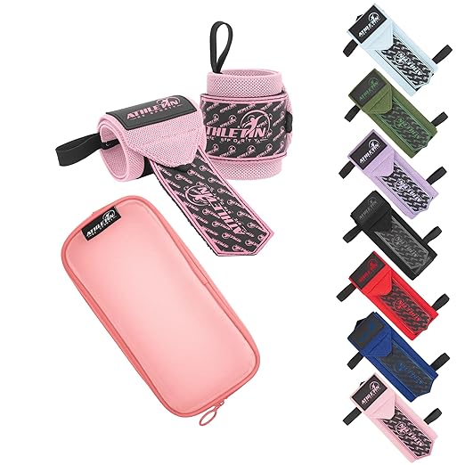 Professional Wrist Wraps, Heavy-Duty Support with Thumb Loop 18 Inch Pair for Powerlifting, Bodybuilding, Cross Training - Mesh carry pouch included (Pink)