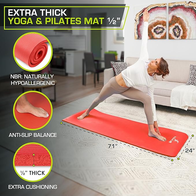 ProsourceFit Extra Thick Yoga and Pilates Mat ½” (13mm) or 1" (25mm), 71-inch Long High Density Exercise Mat with Comfort Foam and Carrying Strap