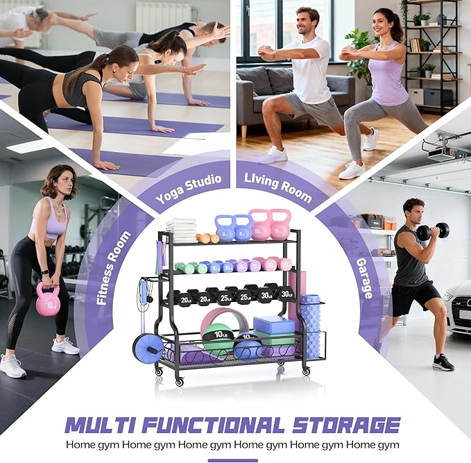 PARTPHONER Adjustable Dumbbell Rack, Weight Rack for Home Gym Storage, Home Gym Storage for Stores Dumbbells, Kettlebells and Yoga Mats, All in One Workout Storage Racks with Wheels and Hooks, Durable Powder Coated Steel