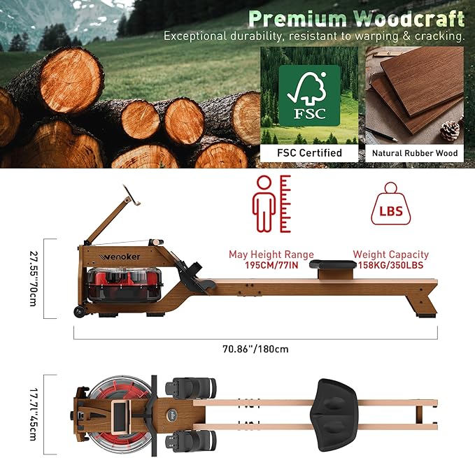 Water Rowing Machines for Home Use, Rower Machine with Smart Electronic Knob,Wooden Row Machine with LCD Monitor & Comfortable Seat, Bluetooth App Compatible for Home Gym Exercise 300 LBS