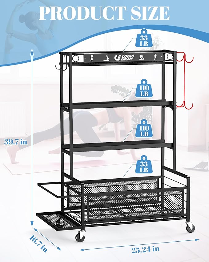 Dumbbell Rack Weight Storage Stand, Adjustable Weight Rack with Wheels, Metal Workout Equipment Storage Organizer, Home Gym Storage Organizer for Dumbbells, Kettlebells, Yoga Mat, Foam Roller