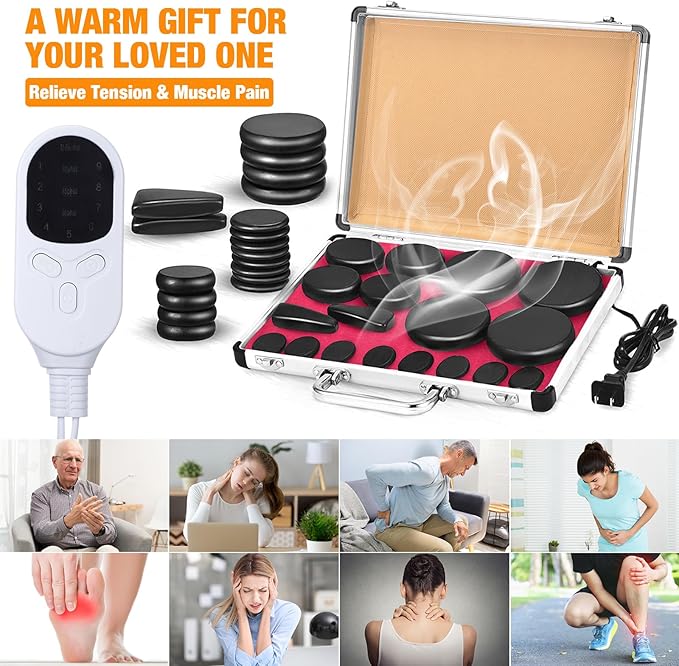 Hot Stones Massage Set 18 Pieces Basalt Hot Rocks Massage Rocks Kit Black Smooth Stones for Professional Home Spa Warming Relaxing Pain Relief, Constant 50°c (122°f)(Adjustable Temperature)