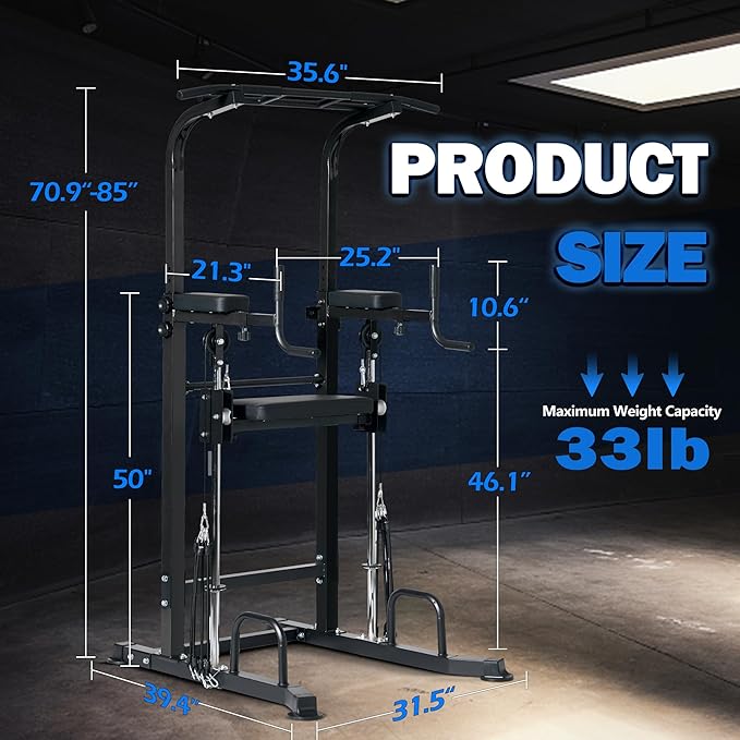 Dland Power Tower Dip Station Pull Up Bar Exercise Tower, Multi-Function Adjustable Training Equipment for Home Gym, Strength Training Workout Equipment, Black