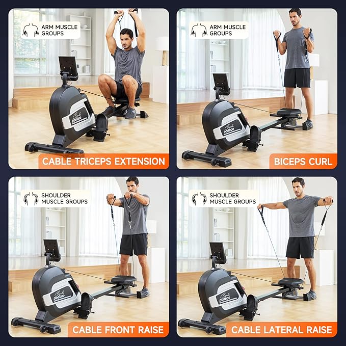Pooboo Magnetic Rowing Machine 360 LB Weight Capacity, Folding Rower with Combination Strength Exercise, Tablet Holder and Comfortable Seat Cushion, Rower for Home Use