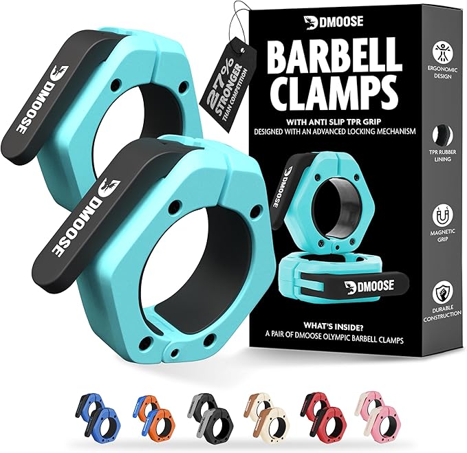 DMoose Fitness Barbell Clips 2 Inch (Pair) - Quick Release Olympic Barbell Clamps & Collars with Anti Slip TPR Grip for Secure Weightlifting and Powerlifting - Weight Clips for Bars at Home or Gym