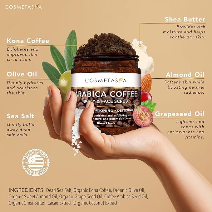 Cosmetasa Anti Cellulite Massage Oil Kit - Organic Arabica Coffee Face & Body Scrub, Exfoliating Gloves, Massager Mitt - Gift Set