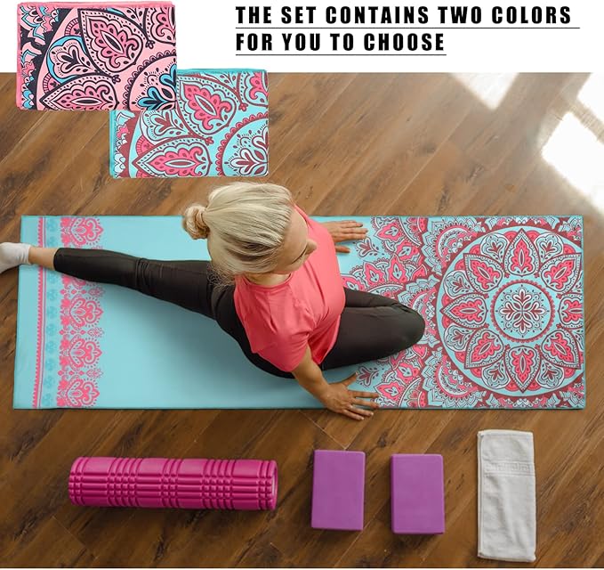 Tudomro 2 Pcs Yoga Towel, Non Slip Hot Yoga Mat Towel 73'' x 25'' Soft Sweat Absorbent Yoga Blanket Multicolor Yoga Accessories Workout Towel for Gym Bikram Pilates Yoga, Pink Blue