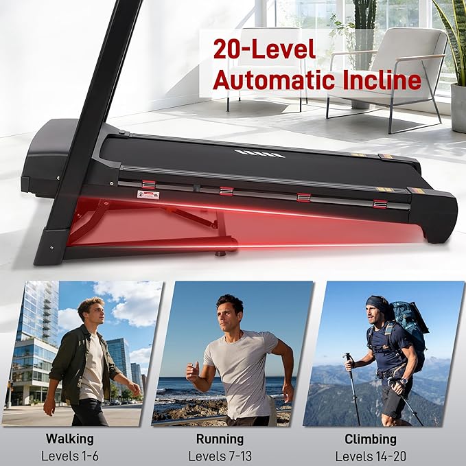 Heavy Duty Treadmill for Home, 20-Level Auto Incline Treadmill, 500 LB Capacity, 20" Wide Deck, 0.6-12 MPH, 4.5 HP, LED Display, Bluetooth Speaker & App