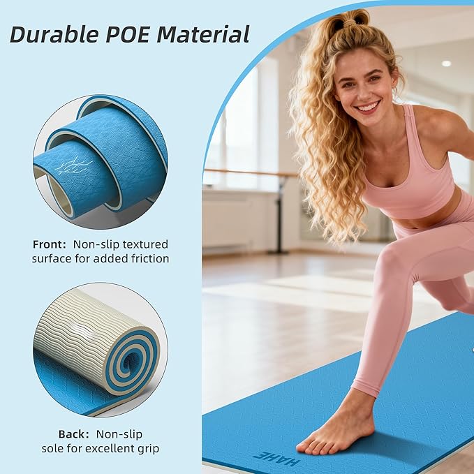 HAHE Yoga Mat Thick, 72"x32"x0.4"Th (10mm), Wide Non-Slip Exercise Mat with Carry Strap, Double-Sided POE Fitness Mat for Yoga, Pilates & Floor Workouts