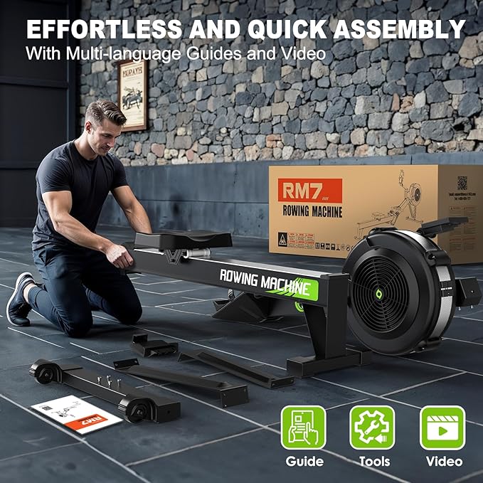 Rowing Machines for Home: 10 Level Air Resistance Professional Rowing Machine with Bluetooth Backlit Display, Tablet Holder, APP Compatible, Easy Storage