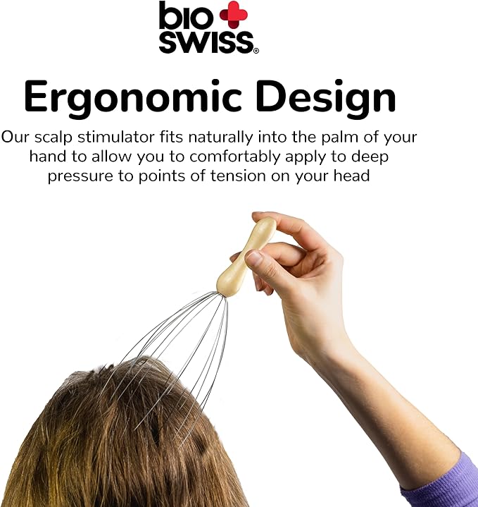 BioSwiss Scalp Massager, Handheld Head and Temple Massage Tool for Relaxation and Hair Stimulation