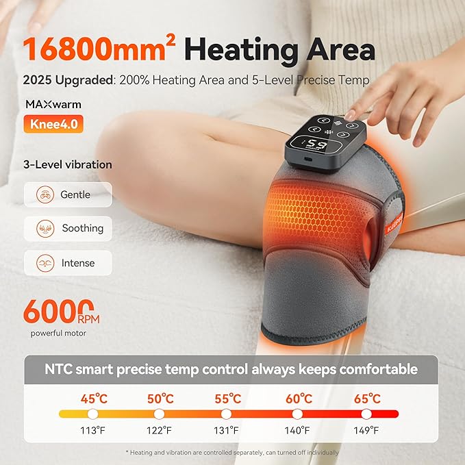 Cordless Knee Massager with Heat Vibration for Pain Relief, MAXwarm 4.0[2026 Upgraded] - Electric Heated Knee Brace with 5 Heat Levels and 3 Massage Mode, Gifts for Men Women (Grey, Single)