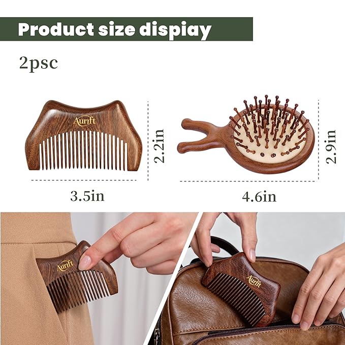 2PCS Mini Wooden Hair Brush & Comb Set, Head Scalp Massage Brush, Portable Travel Hair Care comb with Manual Massage Tool, Gift-Ready Box for Self-Care & Relaxation