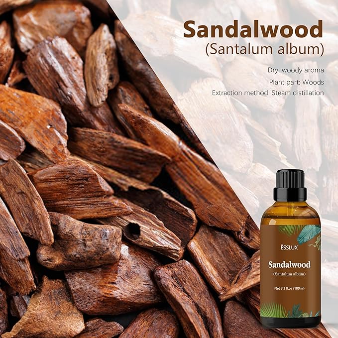 Sandalwood Essential Oil 100 ml, ESSLUX Large Single Wood Scented Oils 3.3 oz, Aromatherapy Oils for Diffuser, Candle Making, Soap, Perfume, Laundry