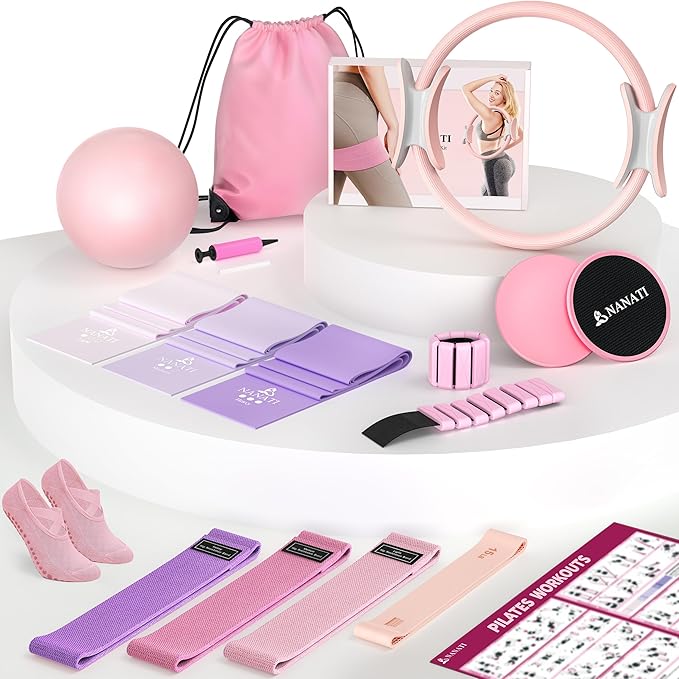 Pilates Kit, Home Pilates Workout Kit for Women, Pilates Equipment with 14.5" Pilates Ring and Ball, Resistance Bands, Ankle Weights, Sliders & Grip Socks Accessories for Starter Home Workouts