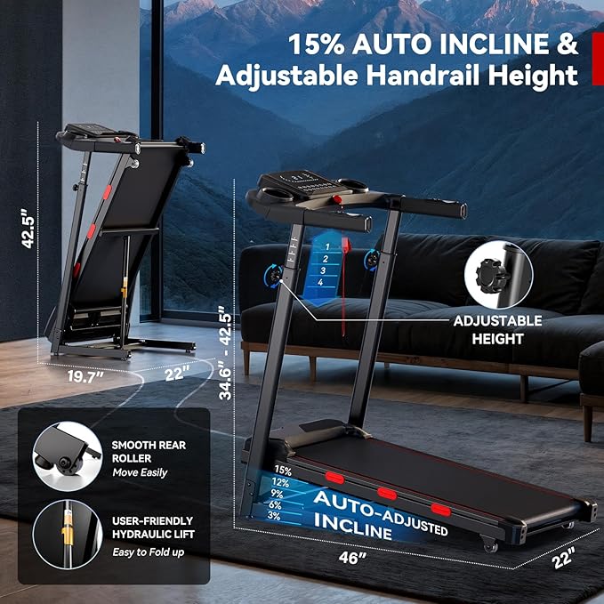8.7MPH Treadmills for Home, Walking Pad Treadmill with 15% Auto Incline, Portable Treadmill with Handle, 350 lbs Weight Capacity, Heart Rate(XXL)
