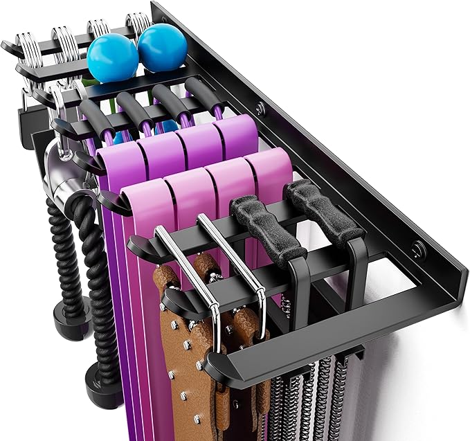 Wall Mounted Home Gym Equipment Storage Rack for Resistance Bands, Cable Attachments, Lifting Belts, Jump Ropes and Chains