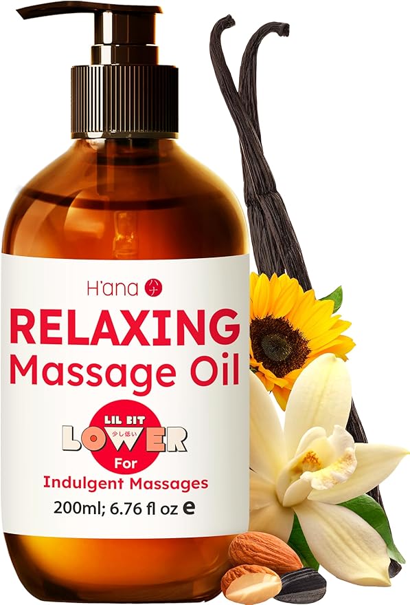 H'ana Relaxing Massage Oil - 6.76 Fl Oz - 100% Pure Natural for Vanilla Body Spa Quality, Calming, Sore Muscle Massage Oil with Moisturizing - Men and Women