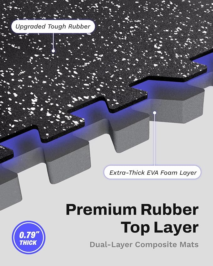 AIRHOP 0.79in Thick 24 Sq Ft Exercise Equipment Mats, 6 Tiles Upgraded Rubber Top with High Density EVA Foam, Large Interlocking Puzzle Gym Flooring for Home Gym, Heavy Weight Workout,Black & White