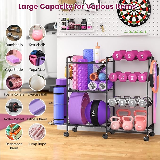 Dumbbell Rack, Weight Rack for Home Gym, Yoga Mat Storage Rack, Exercise Equipment Storage with Wheels and Hooks, Home Gym Equipment Organizer for Kettlebells