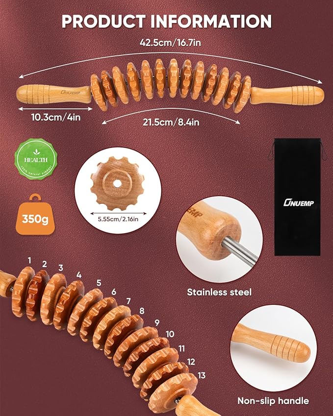 ONUEMP Cellulite Roller for Legs, Wood Therapy Massage Tools Maderoterapia Kit, Muscle Roller Stick Fascia Massager, Lymphatic Drainage & Body Sculpting for Thigh Butt Stomach Waist Back, Curved