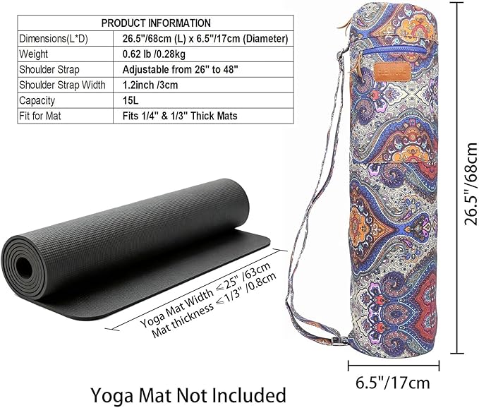 Canvas Yoga Mat Bag with Adjustable Strap & Pockets, Full-Zip Travel Gym Tote for Women & Men, Fits 1/4" & 1/3" Thick Mats, Lightweight Carrier for Yoga, Studio, Workout, Outdoor Use