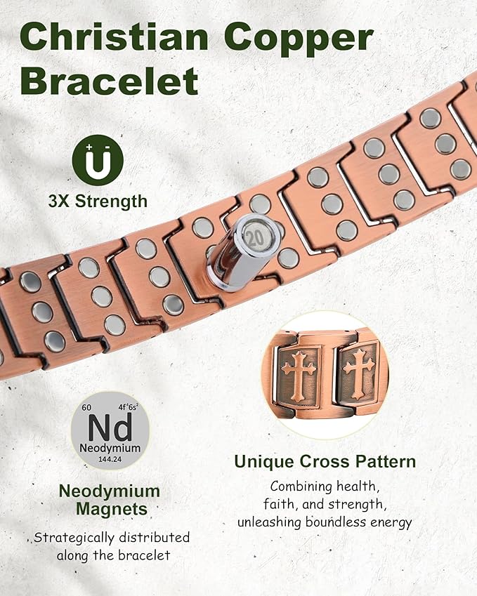 MagEnergy 99.99% Copper Bracelet for Men, Cross Copper Magnetic Bracelet with 3800 Gauss Magnets, Adjustable with Sizing Tool, Pulsera de cobre para Hombre, Men's Jewelry Gift